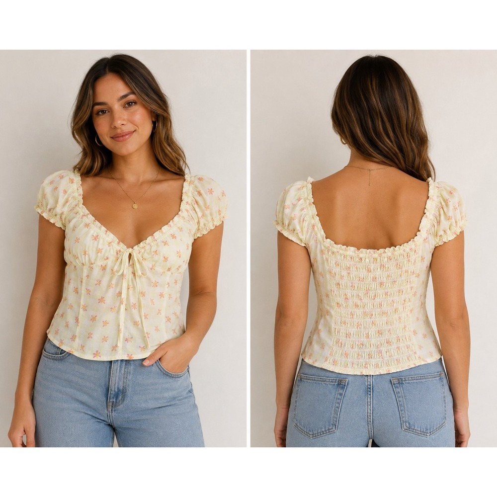 Abound NWT Women's Small Yellow White Plaid Floral Crop Top Off the Shoulder